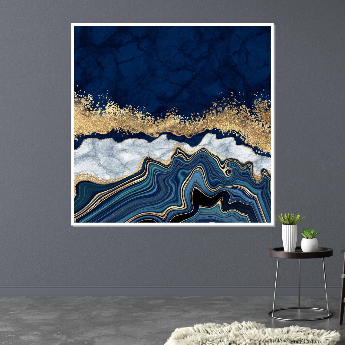 Blue Gold Marble Abstract Art Swirl, Geode Design - Image 3