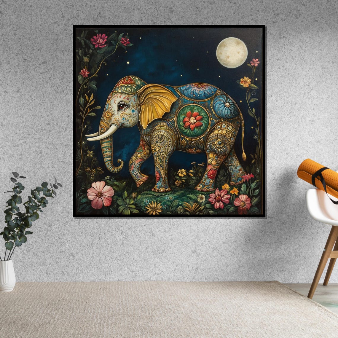 Ornate Floral Elephant under Moonlight Boho Indian Style Art Poster - Image 5