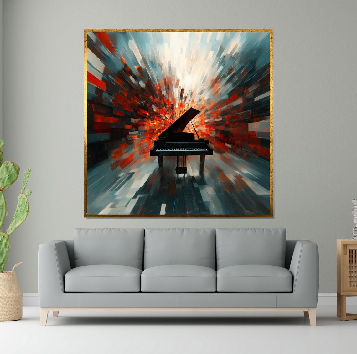 Grand Piano Silhouette in Explosive Red Blue Abstract Art Poster