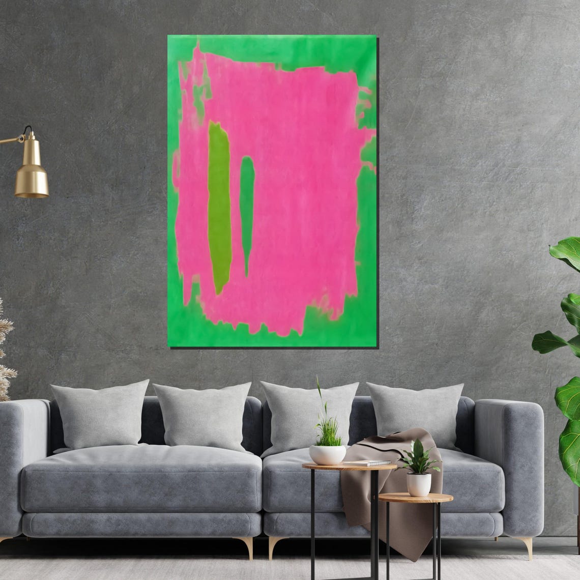 Vibrant Pink and Green Color Field Abstract Modern Art Poster - Image 2