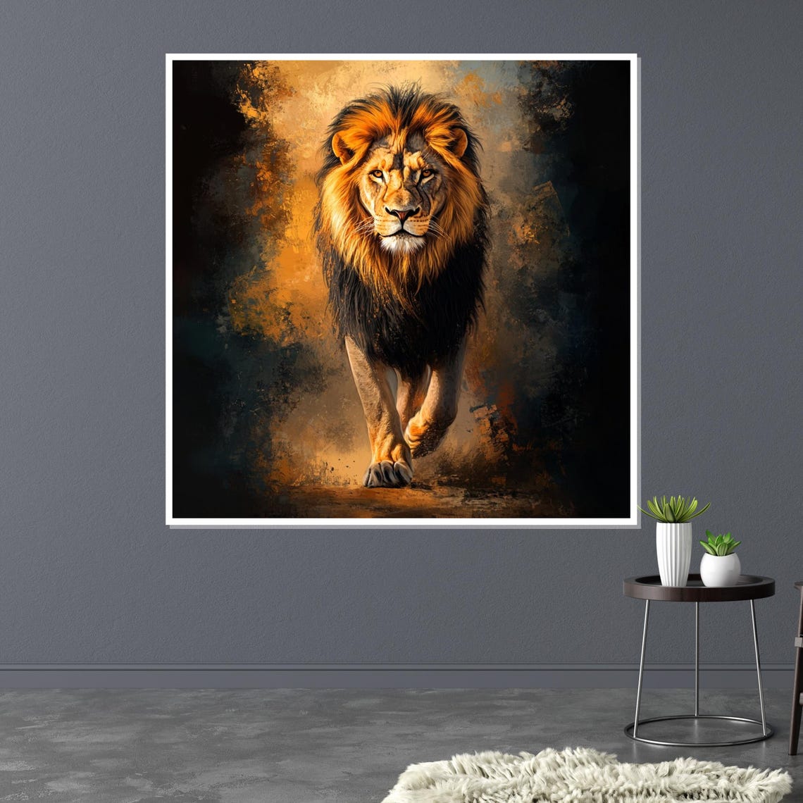 Lion Walking Forward Darkness Dramatic Gold Wildlife Art Poster - Image 3