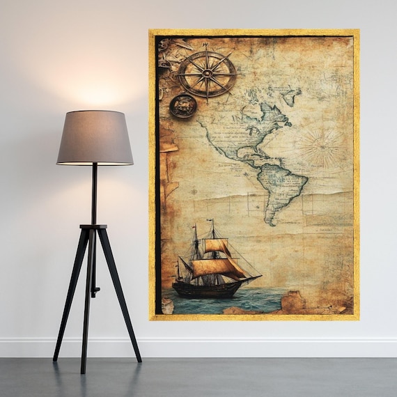 Vintage Nautical Map Canvas Antique Ship And Compass Wall Art Old World Exploration Decor Maritime Print Ready To Hang