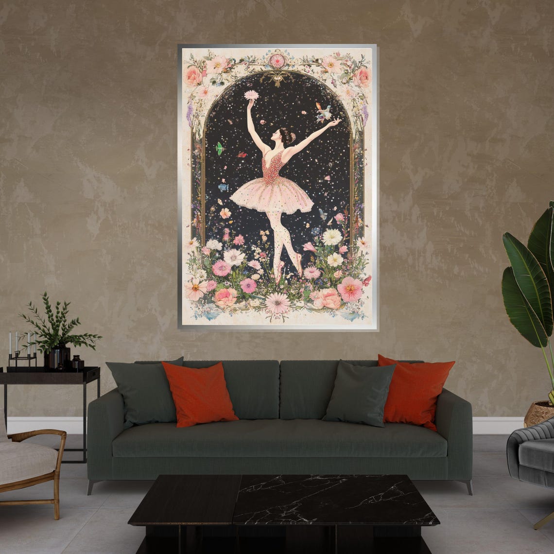 Pink Tutu Ballerina in a Floral Arch Under Starry Night Art Poster - Image 4