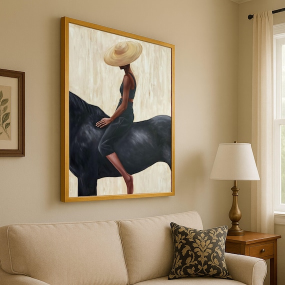 Elegant Woman On Black Horse, Minimalist Art Print
