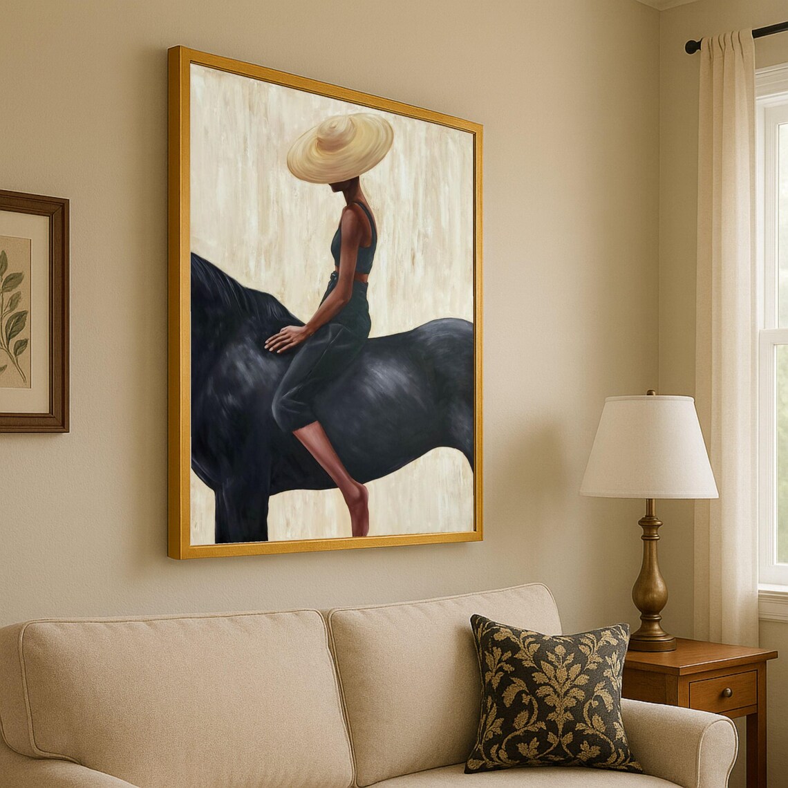 Elegant Woman On Black Horse, Minimalist Art Print