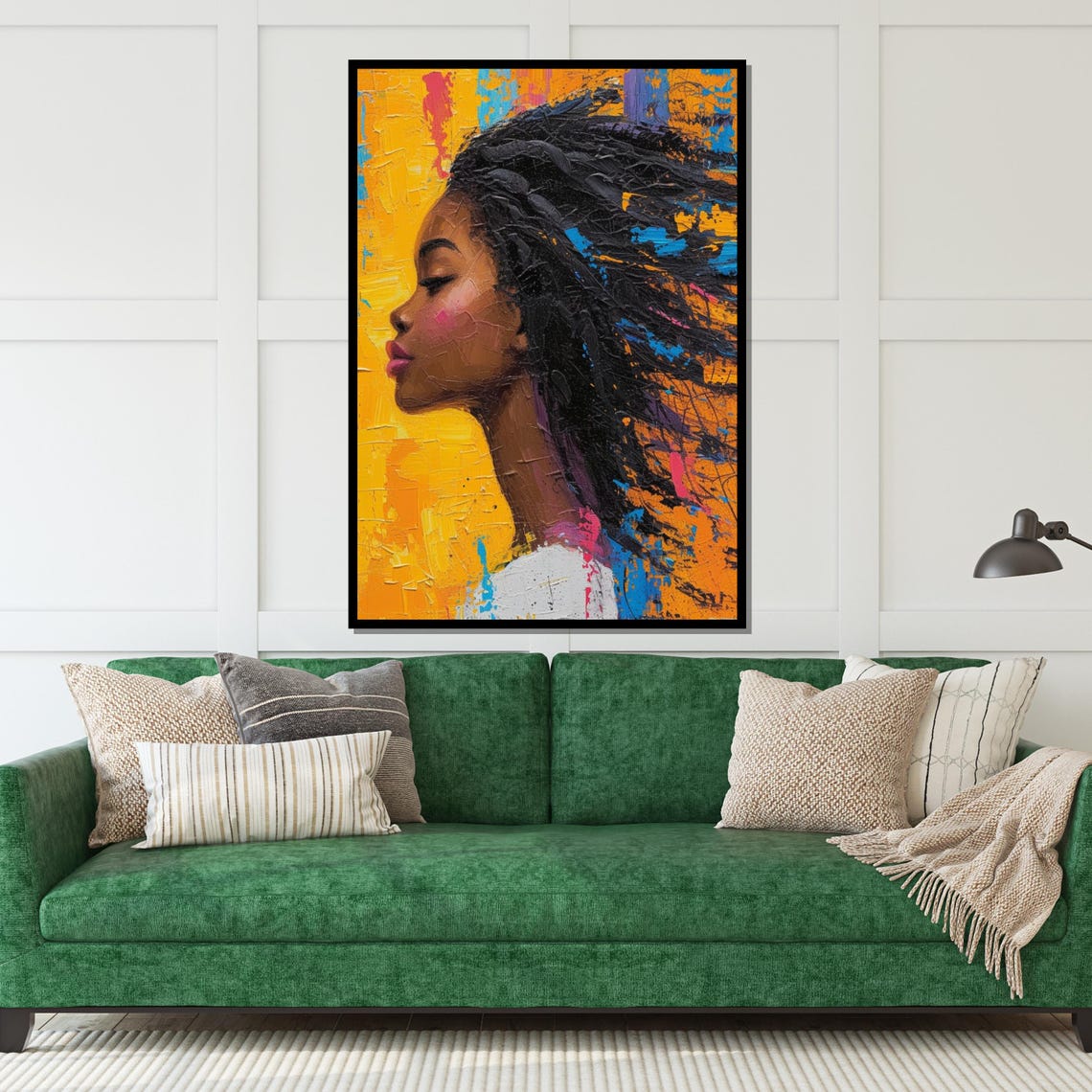 Vibrant Black Woman Profile Flowing Hair Golden Background Art Poster - Image 5