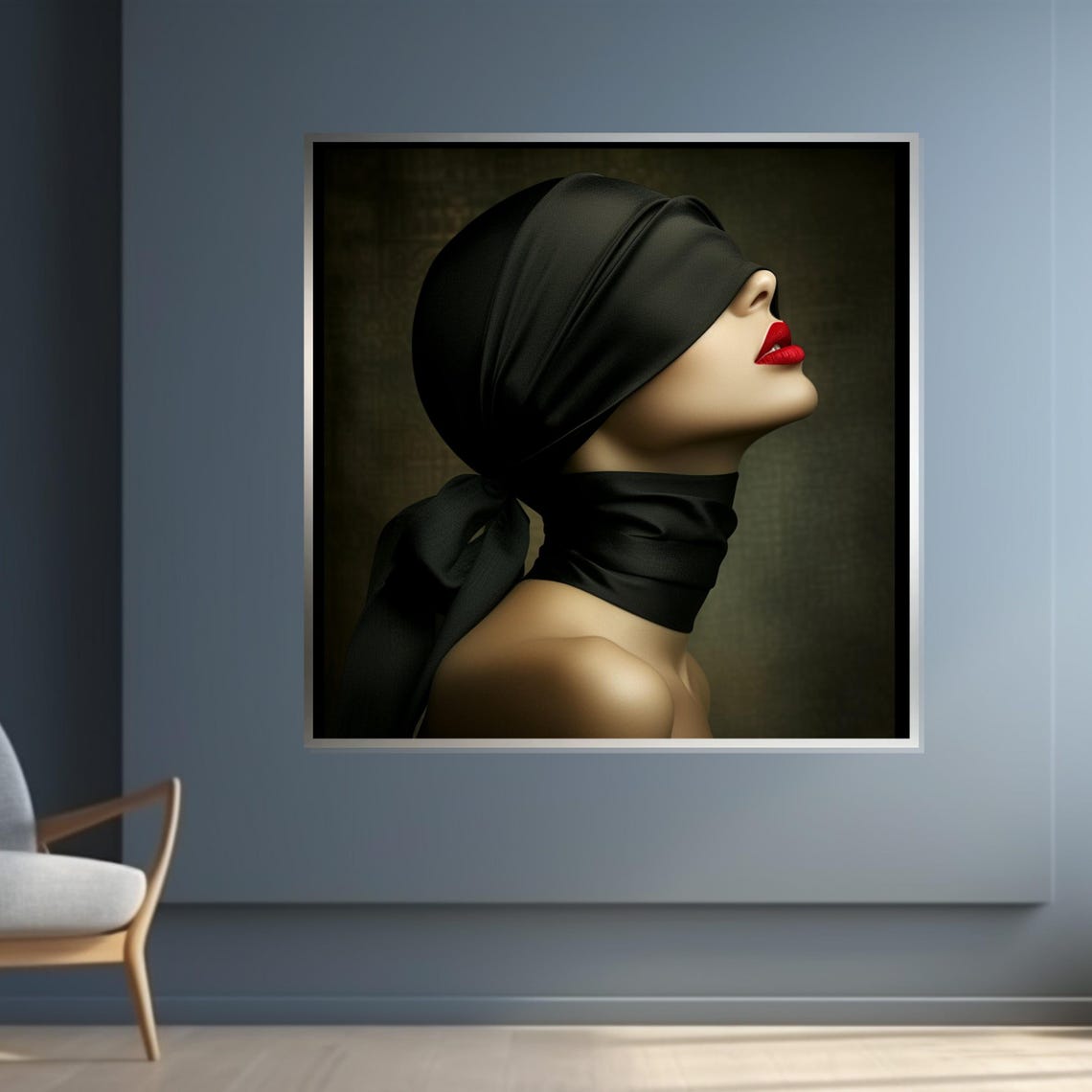 Blindfolded Beauty With Red Lips Dramatic Silk Blindfold Art Poster - Image 3