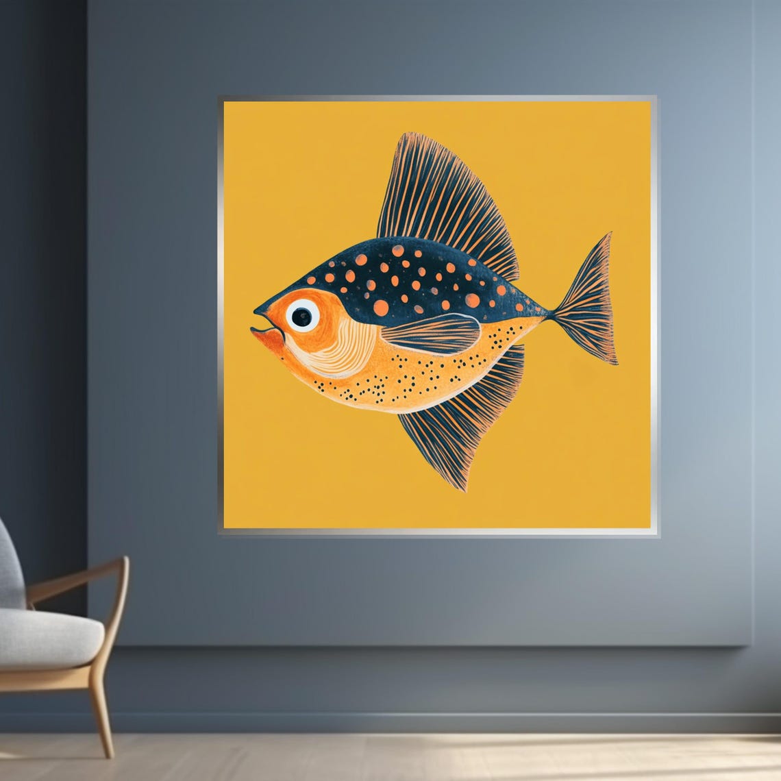 Playful Spotted Fish Orange Blue Mustard Yellow Nursery Poster - Image 4