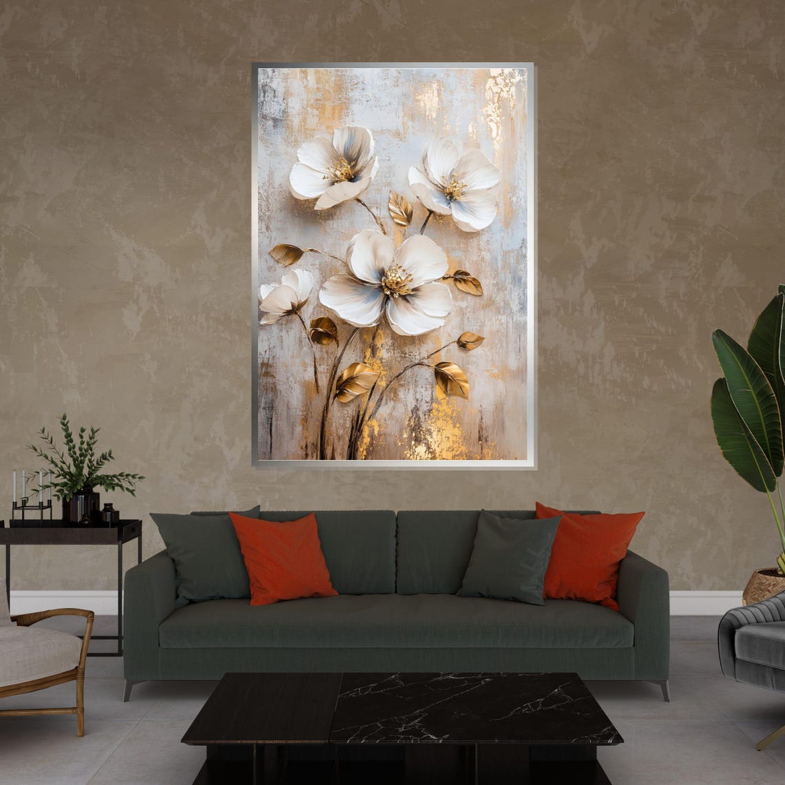 White Magnolia Golden Leaves Beige Background Elegant Art Poster - Image 4