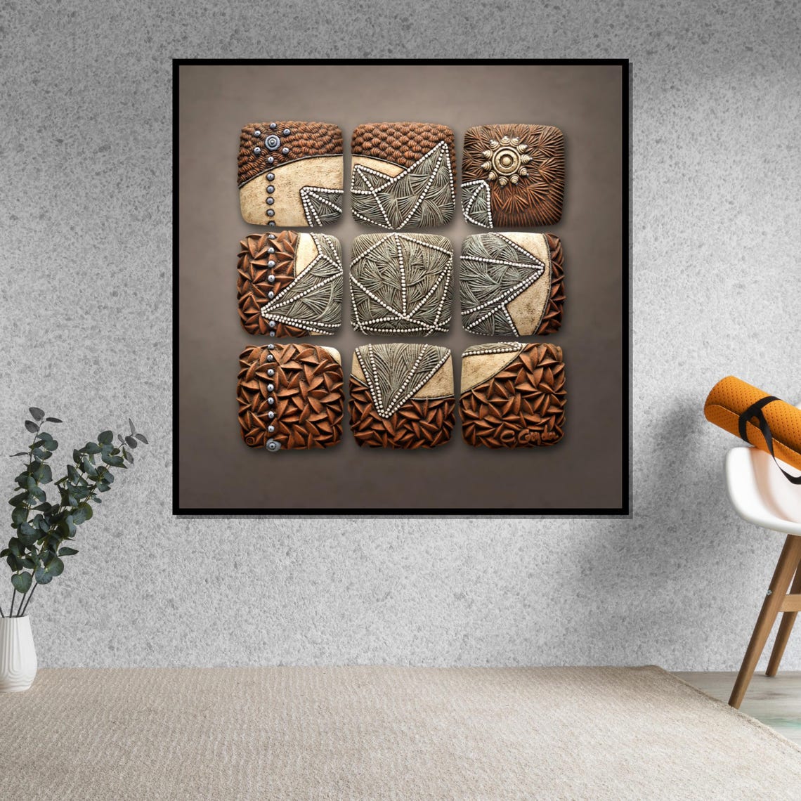 Carved Leather Panels Tribal Texture 3x3 Brown Silver Wall Art - Image 5