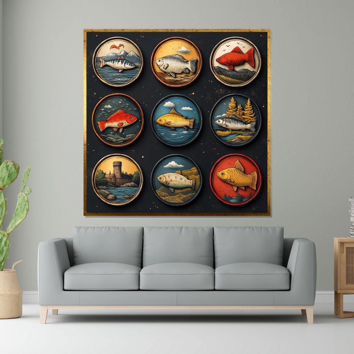 Nine Fish Medallions Vintage Nautical Grid Decorative Art Poster