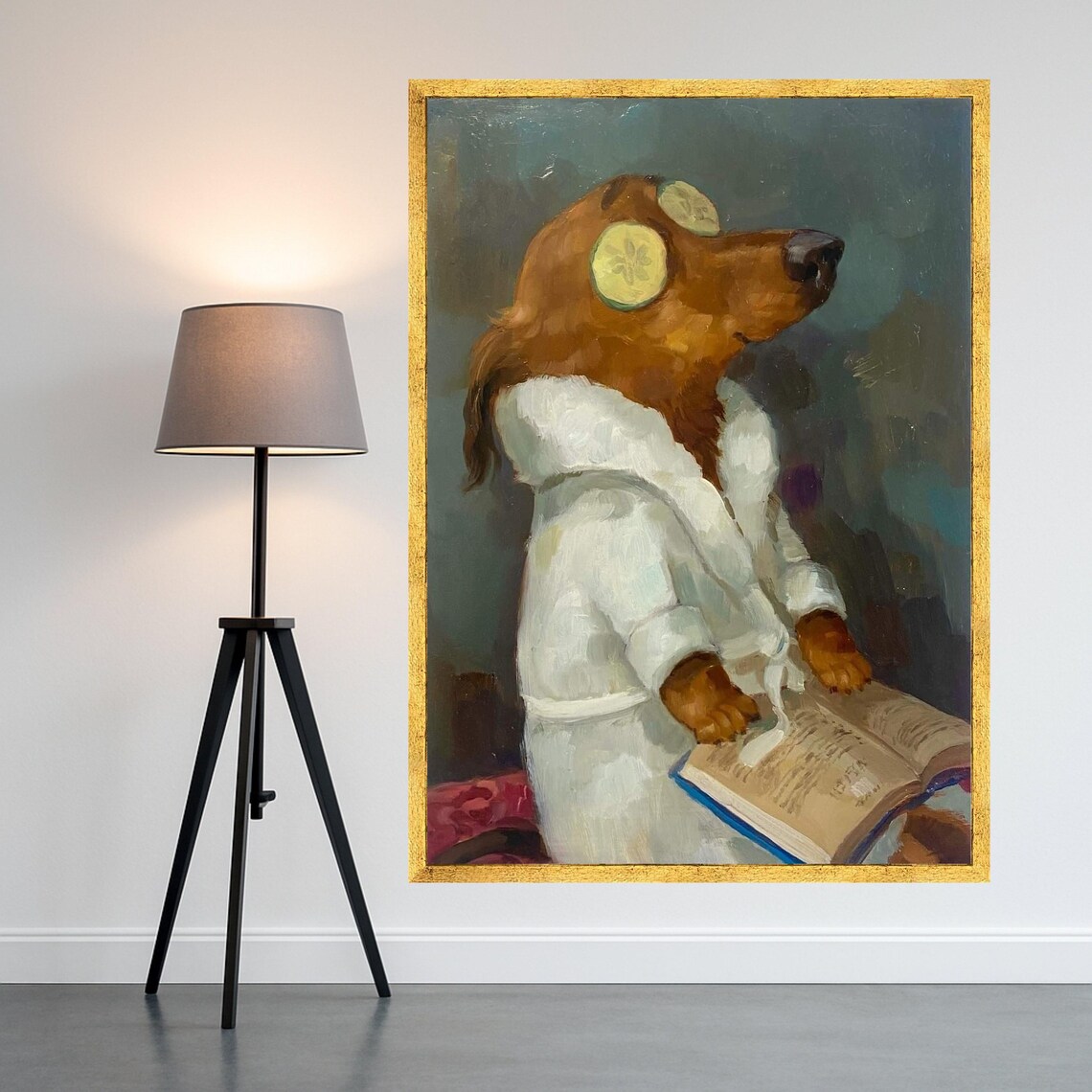 Dachshund Spa Day White Robe Funny Dog Oil Painting Wall Art