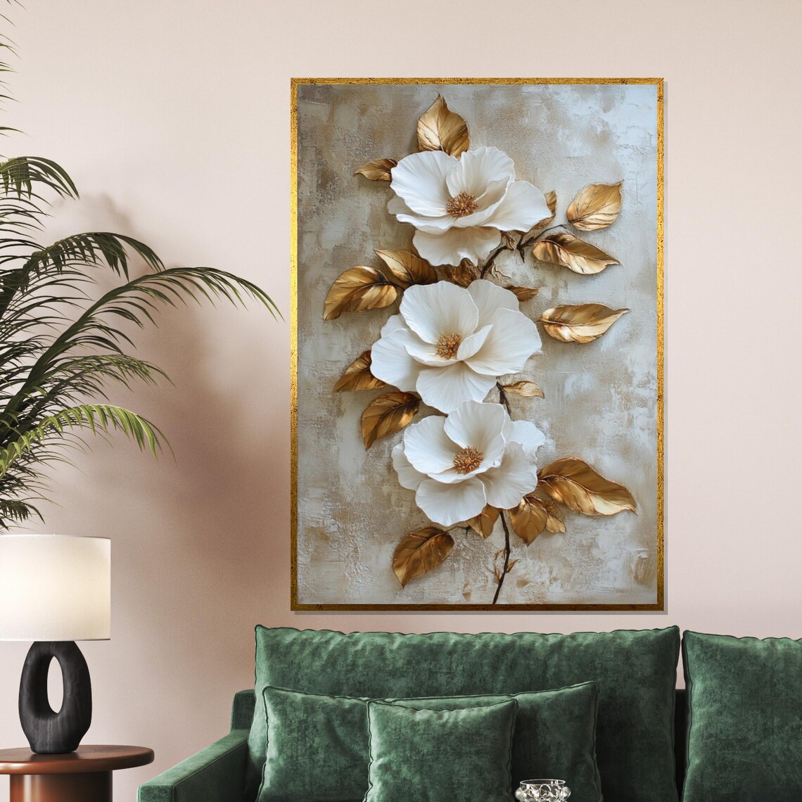 White Floral Elegance, Gold Leaf Botanical Art Print