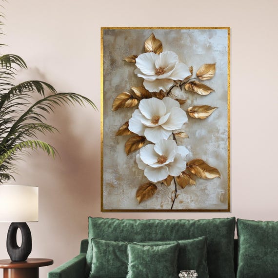 White Floral Elegance, Gold Leaf Botanical Art Print
