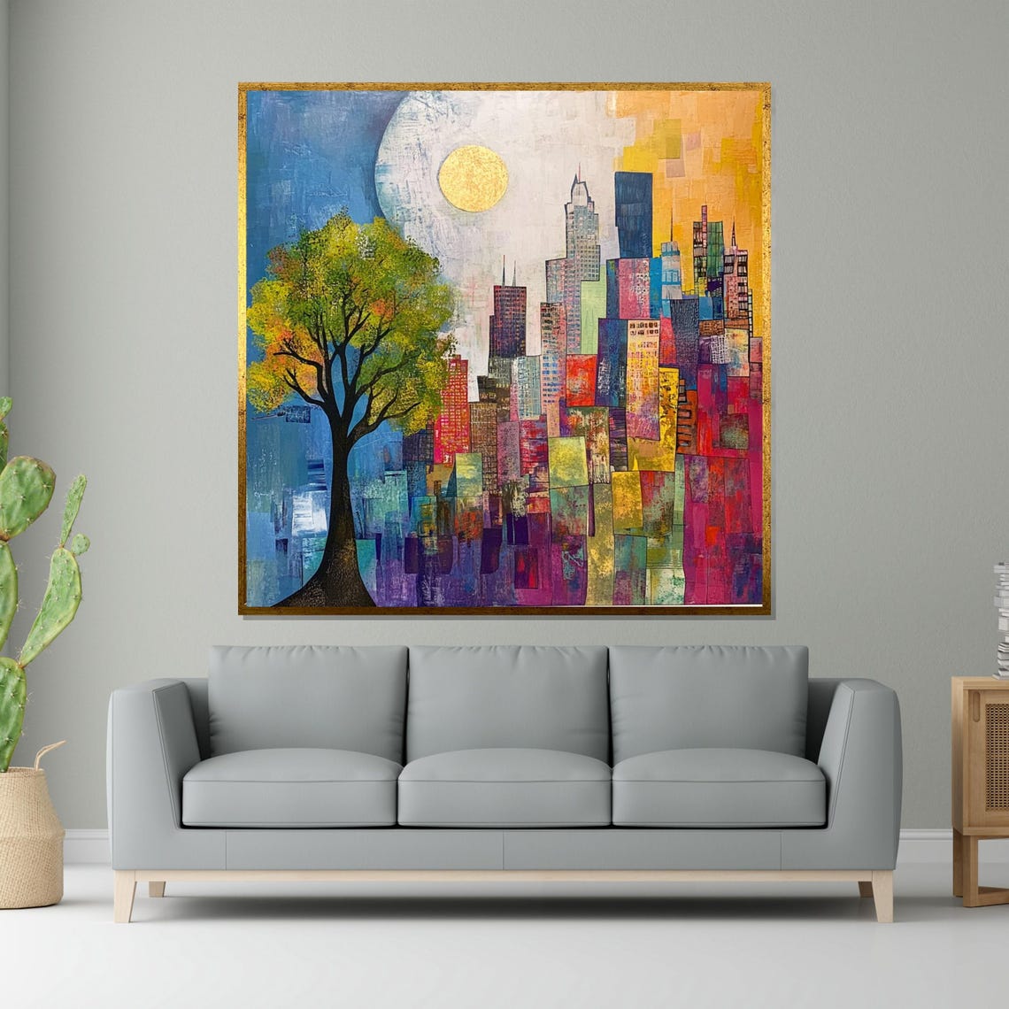 Colorful Skyline Abstract Cityscape Print Tree In Urban Setting Wall Art Design Ready To Hang Decoration
