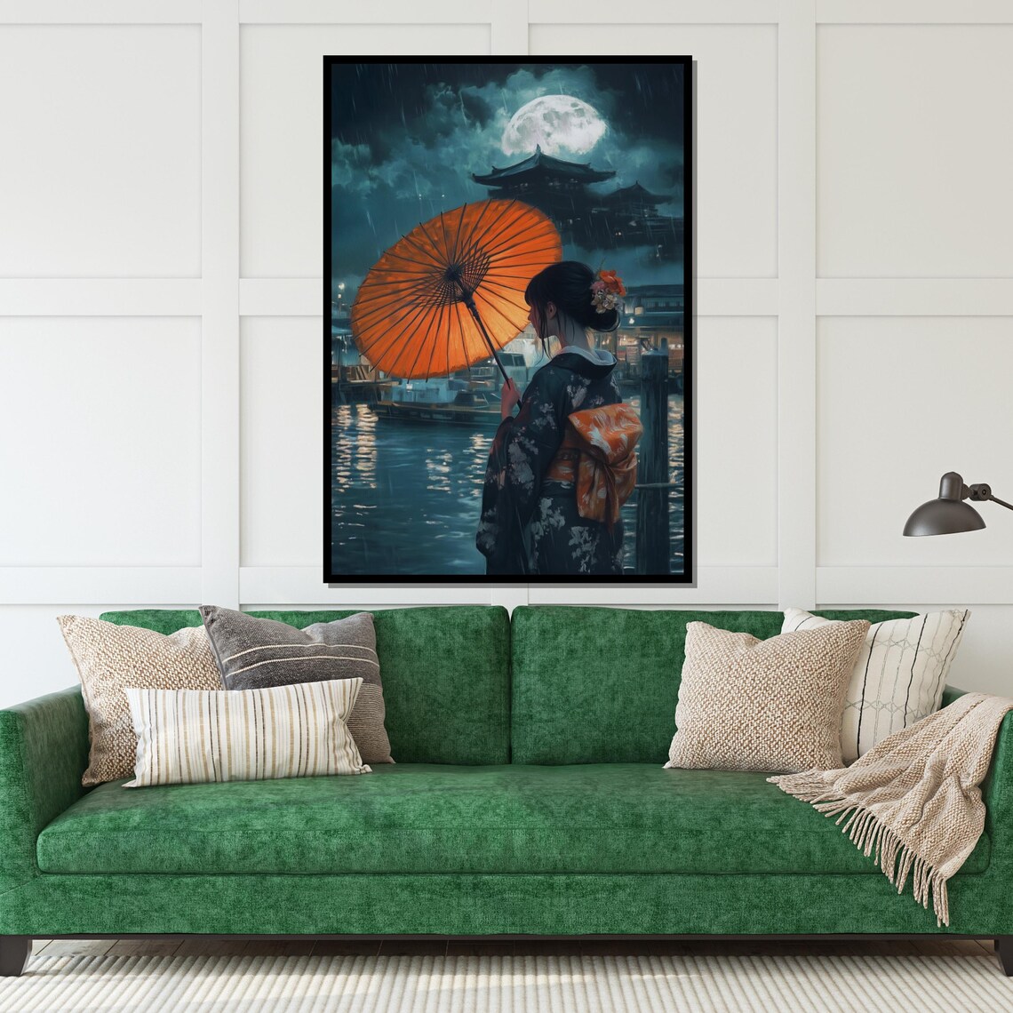 Geisha Rainy Night Full Moon Orange Parasol Temple Art Poster - Image 5