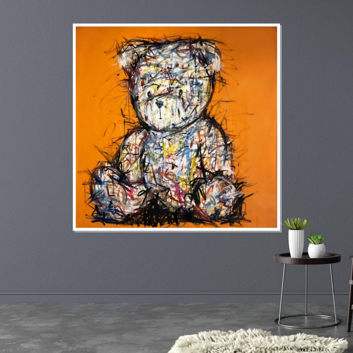 Scribble Teddy Bear Orange Background Playful Abstract Art Poster - Image 3