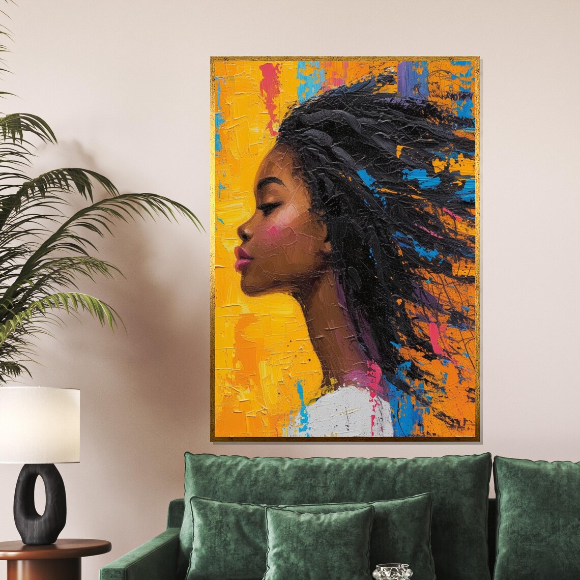 Vibrant Black Woman Profile Flowing Hair Golden Background Art Poster