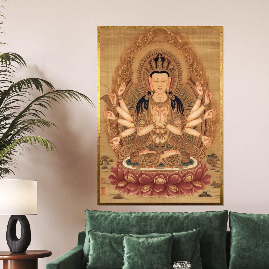 Thousand Armed Guanyin Lotus Asian Buddhist Scroll Art Poster