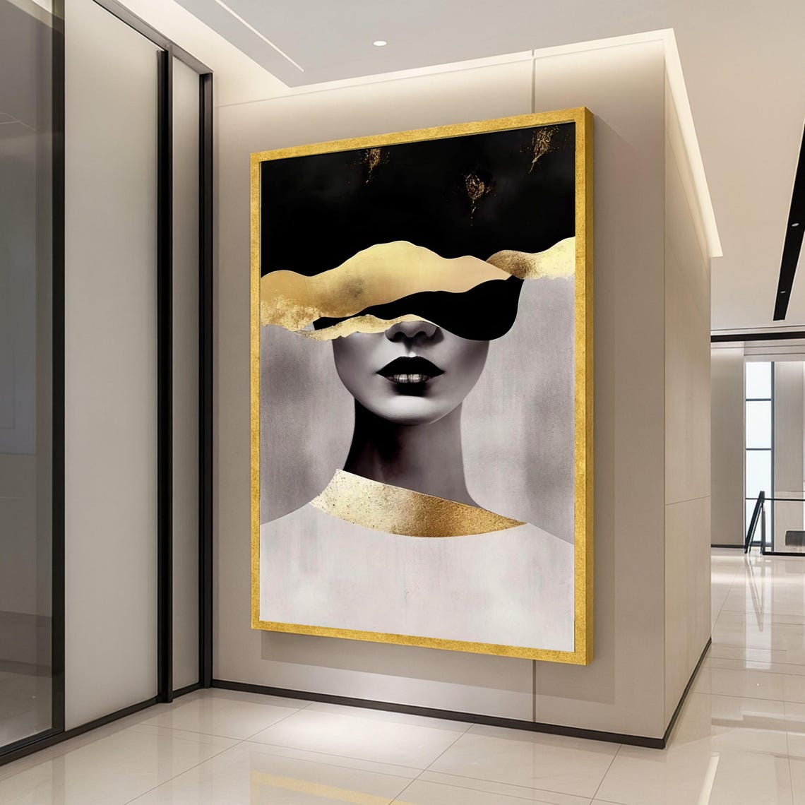 Woman Face With Gold Leaf Waves Black White Abstract Art Poster
