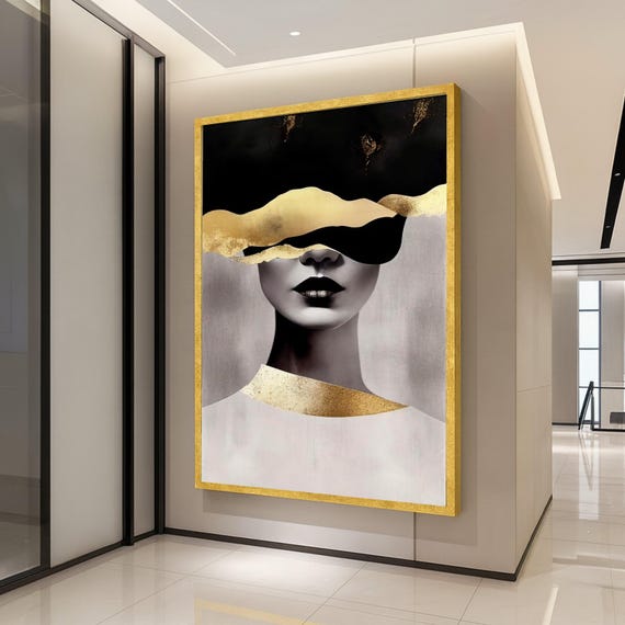 Abstract Woman Portrait Canvas Modern Gold Leaf Art Black And White Face Contemporary Wall Minimalist Home Ready To Hang