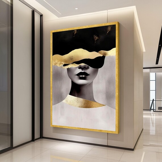 Woman Face With Gold Leaf Waves Black White Abstract Art Poster