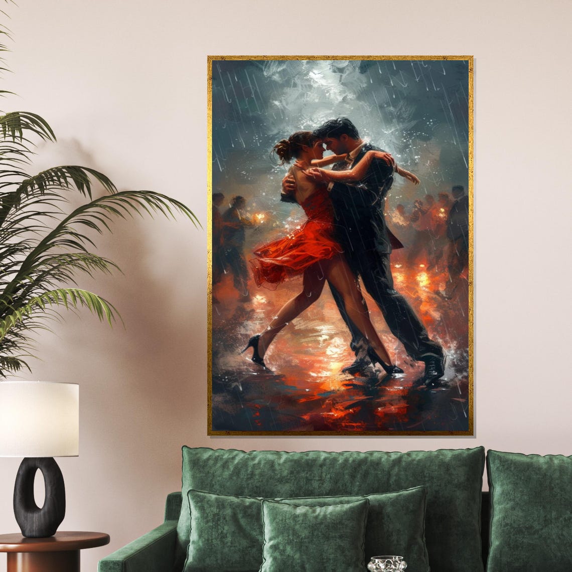 Tango Couple Dancing In Rain Red Dress Romantic Night Poster