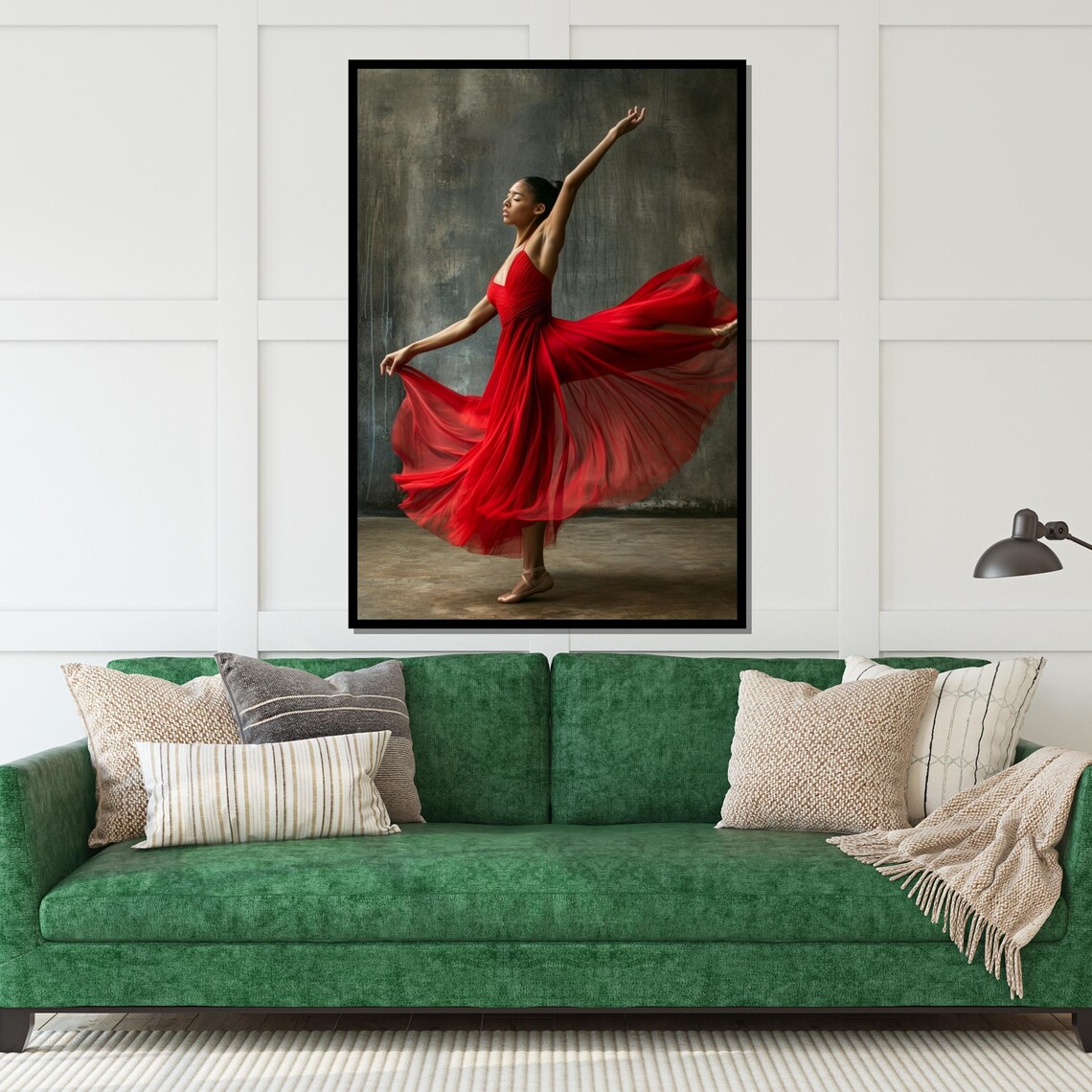 Woman Crimson Gown Mid Leap Dark Dramatic Motion Stage Poster - Image 5
