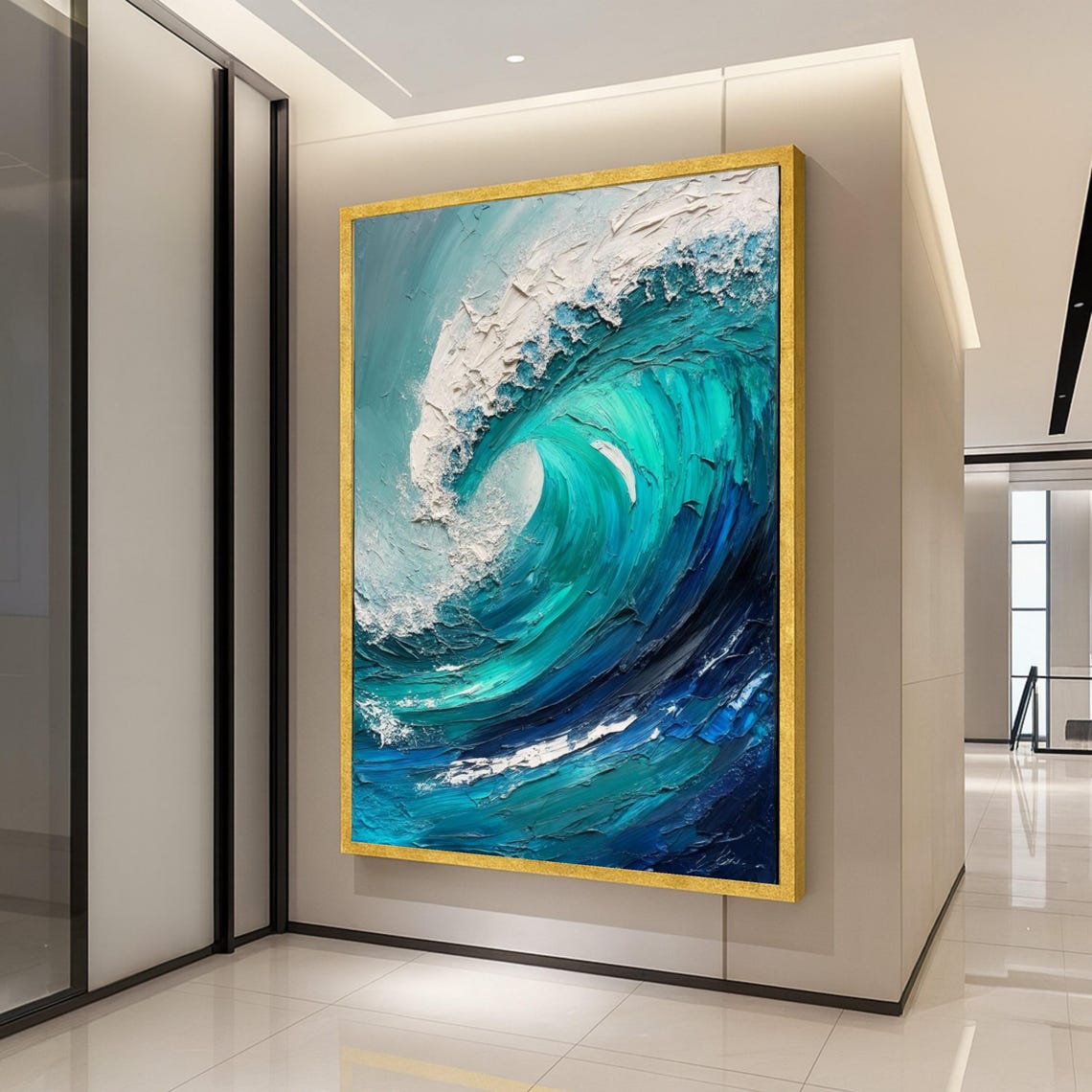 Turquoise Ocean Wave Impasto Oil Painting Coastal Blue Wall Art