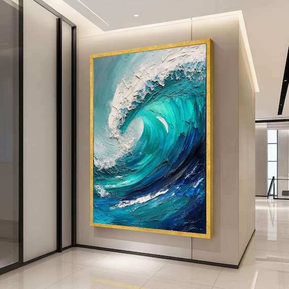 Turquoise Ocean Wave Impasto Oil Painting Coastal Blue Wall Art