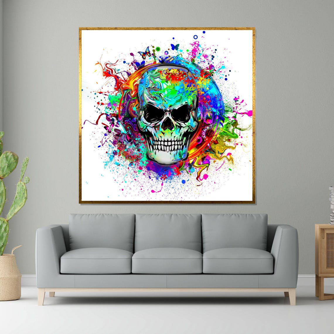 Colorful Paint Splash Skull Butterflies Neon Punk Pop Poster