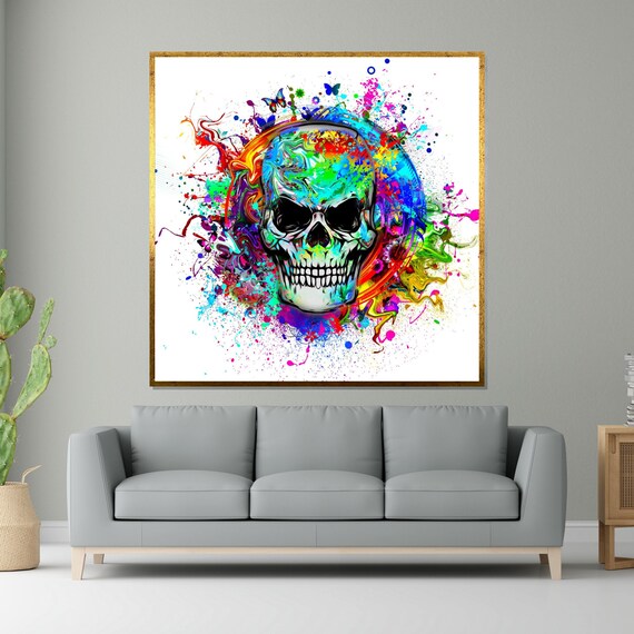 Colorful Paint Splash Skull Butterflies Neon Punk Pop Poster