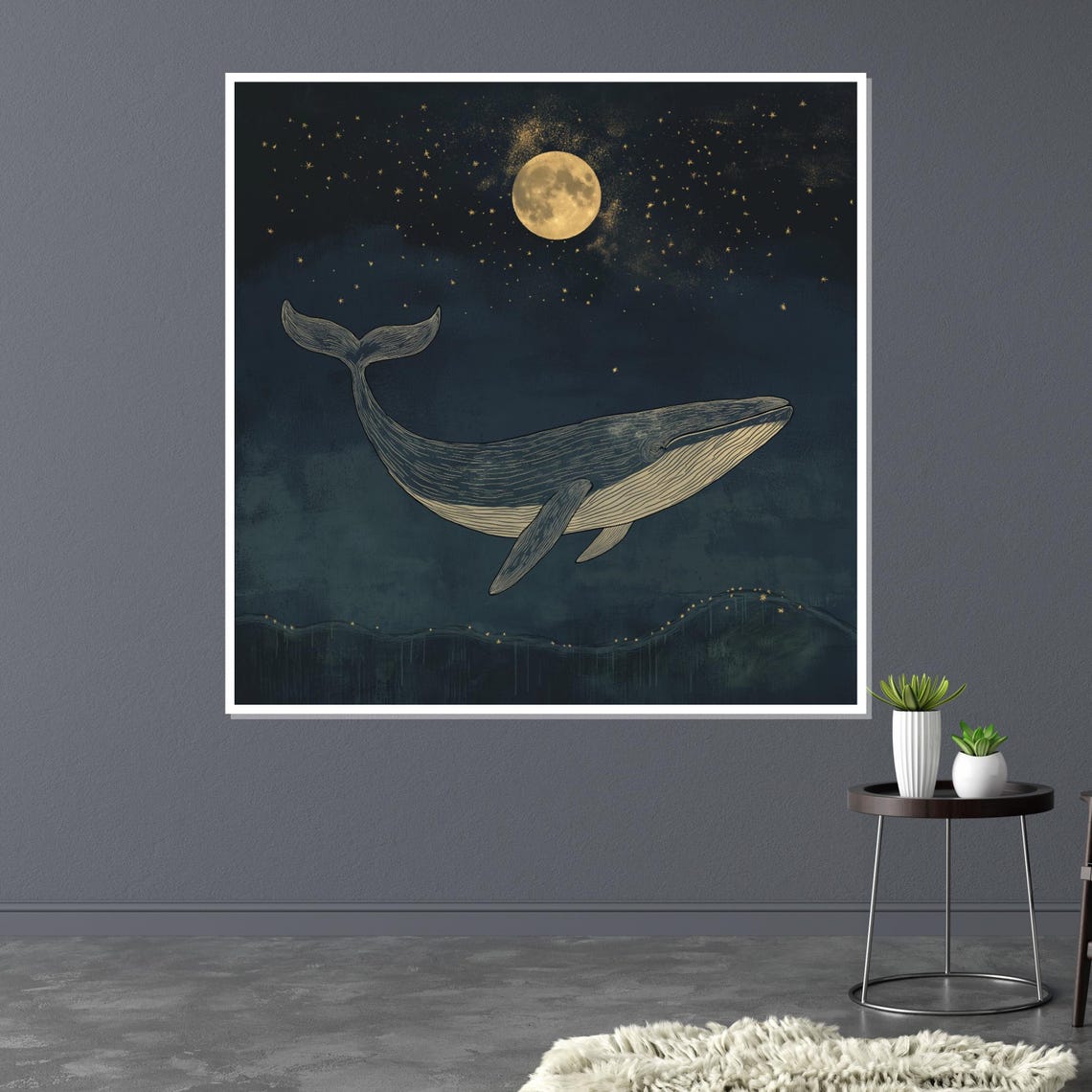 Whale Moonlit Starry Night Ocean Dreamy Celestial Art Poster - Image 3