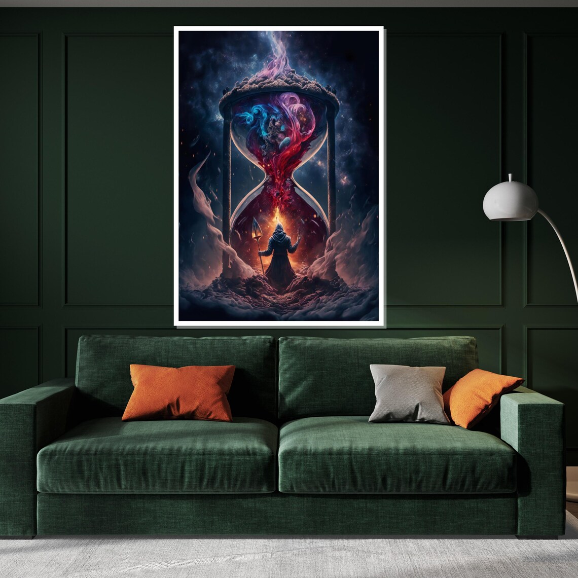 Cosmic Hourglass with Hooded Figure Dark Fantasy Time Art Poster - Image 3
