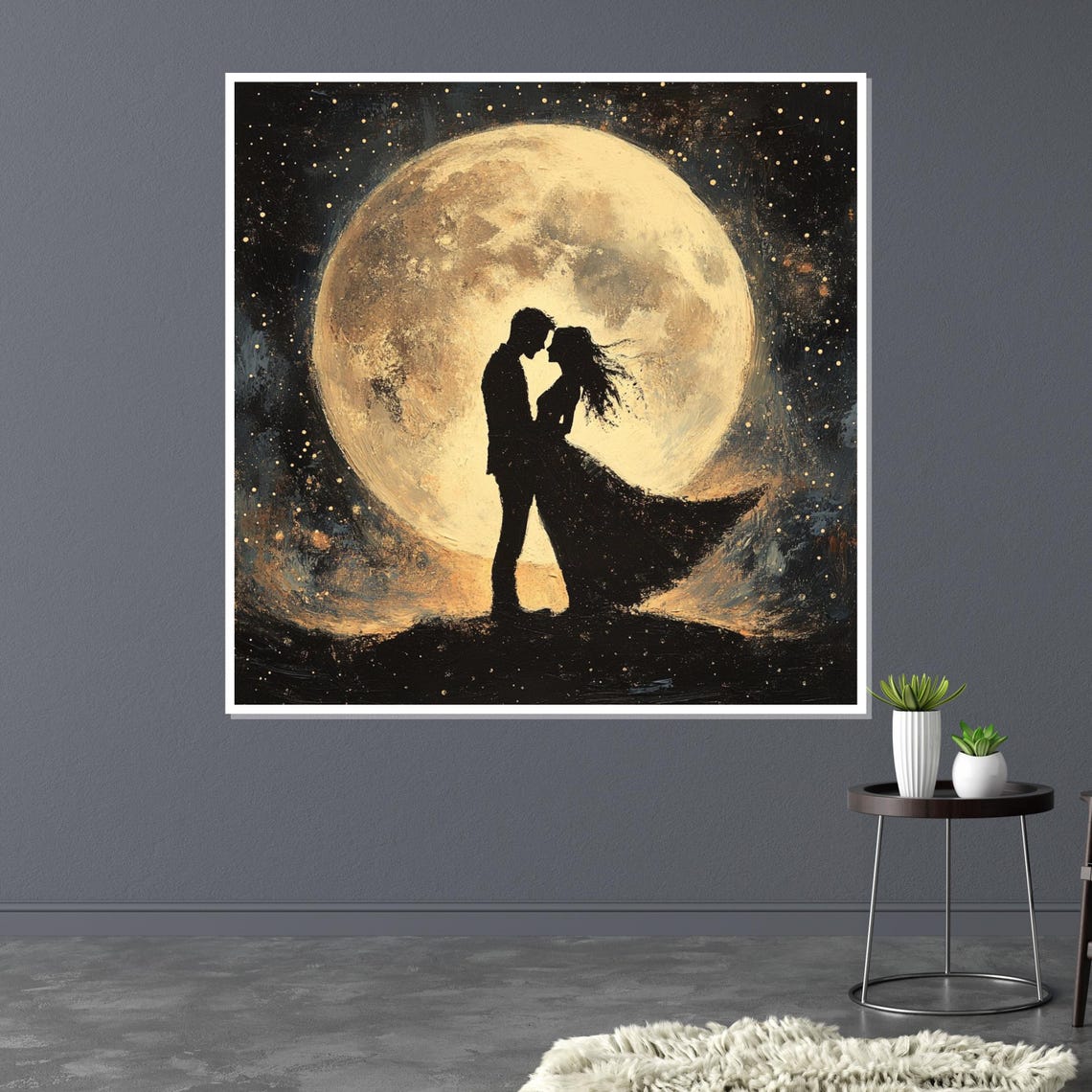 Romantic Lovers Kissing Before Giant Full Moon Starry Night Poster - Image 3