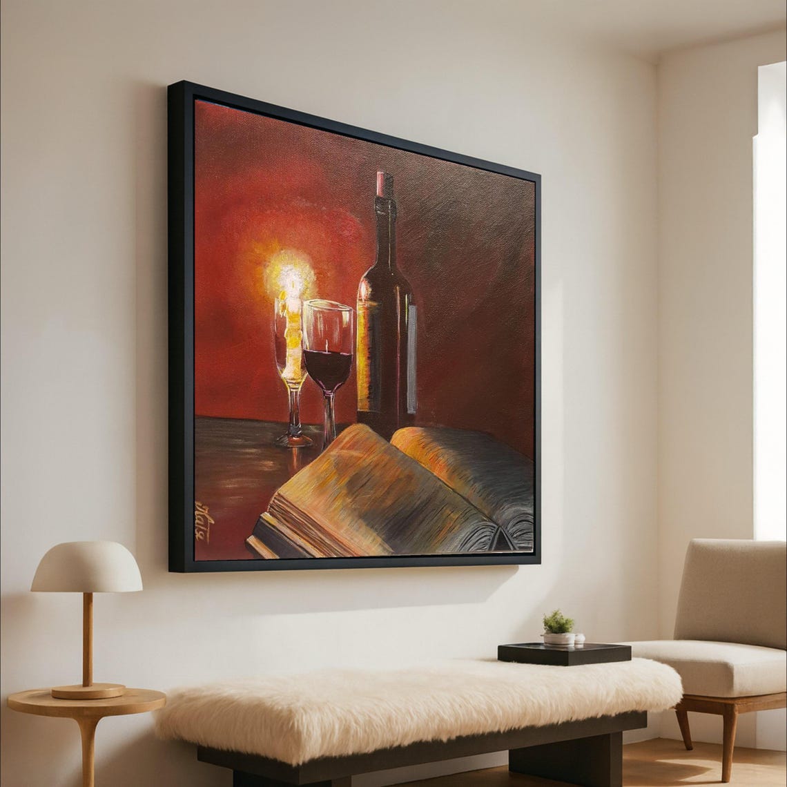 Lit Candle Wine Glasses and Open Book in Warm Still Life Poster