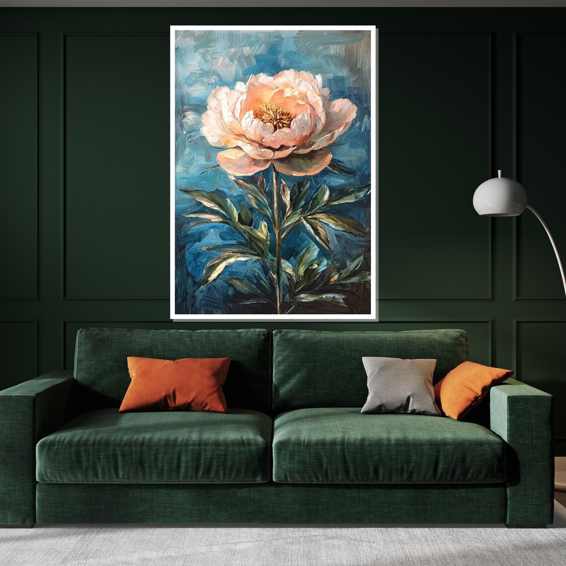 Blush Pink Peony Bloom On Teal Textured Oil Painting Floral Poster - Image 2