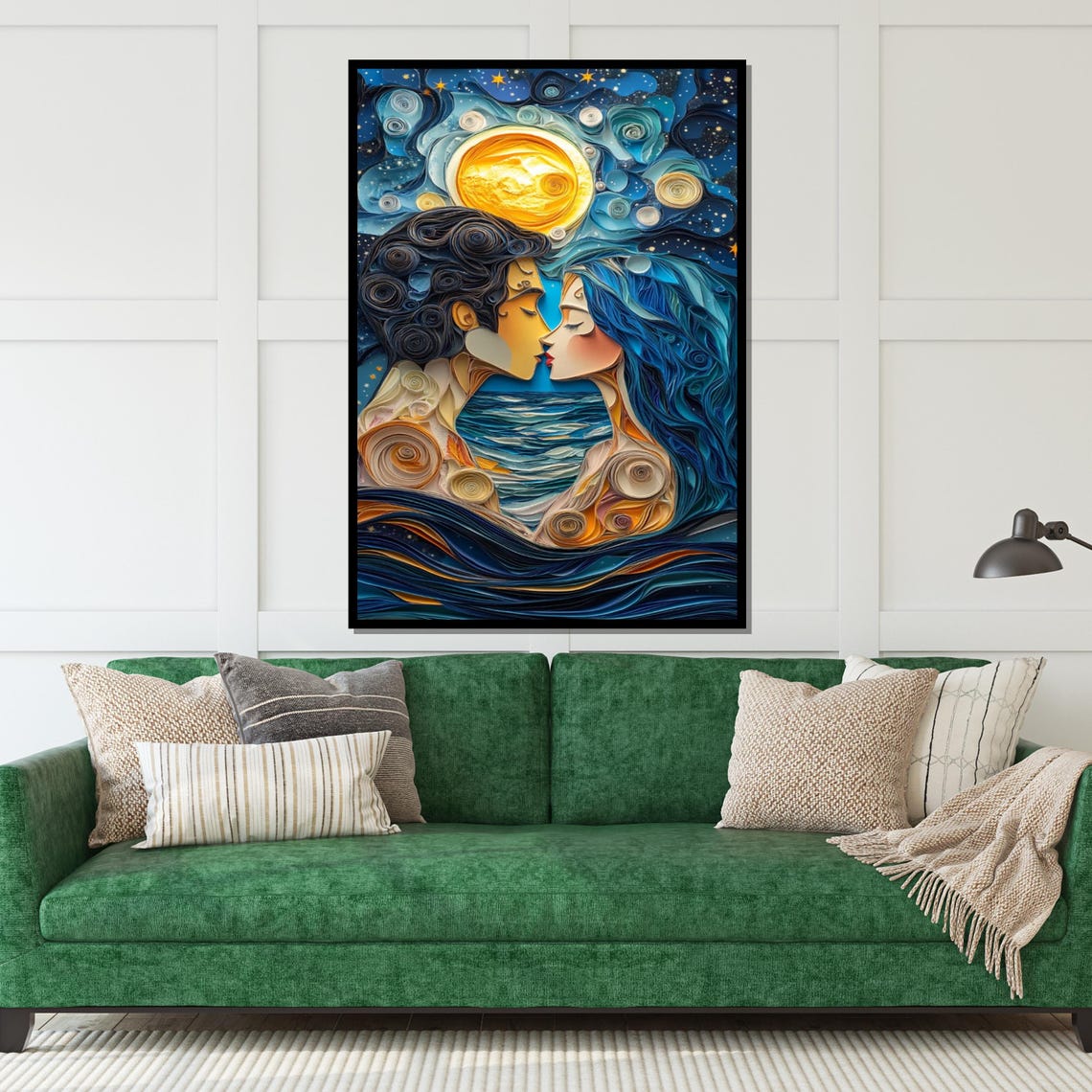 Beautiful Quilled Paper Lovers Kissing Under Moon Night Art Poster - Image 5