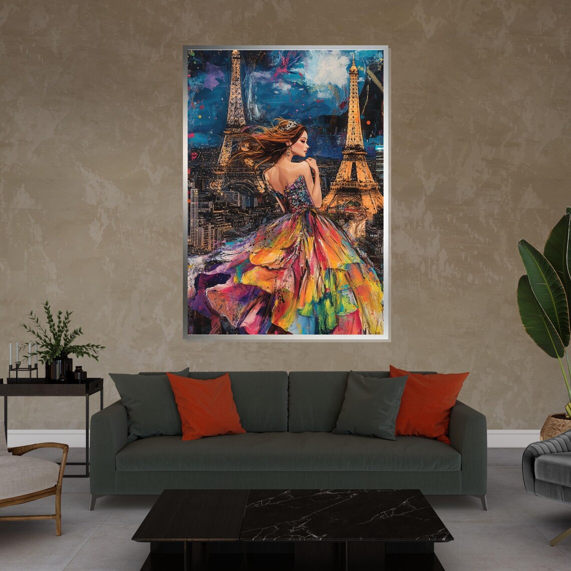 Woman In Multicolor Gown Twin Eiffel Towers Paris Night Fashion Poster - Image 4
