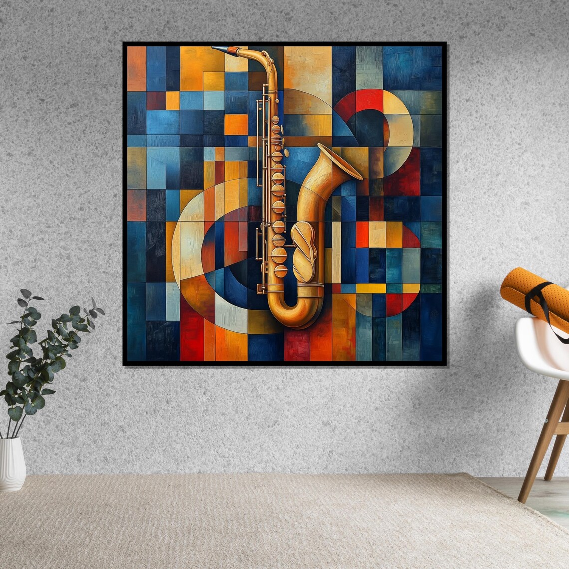 Geometric Mosaic Golden Saxophone Bold Blue Orange Jazz Poster - Image 5
