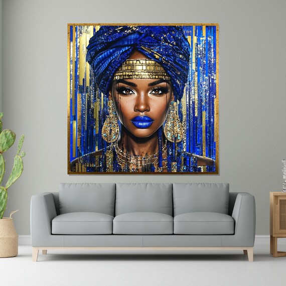 Blue And Gold African Queen Portrait Regal Headwrap Elegant Wall Art