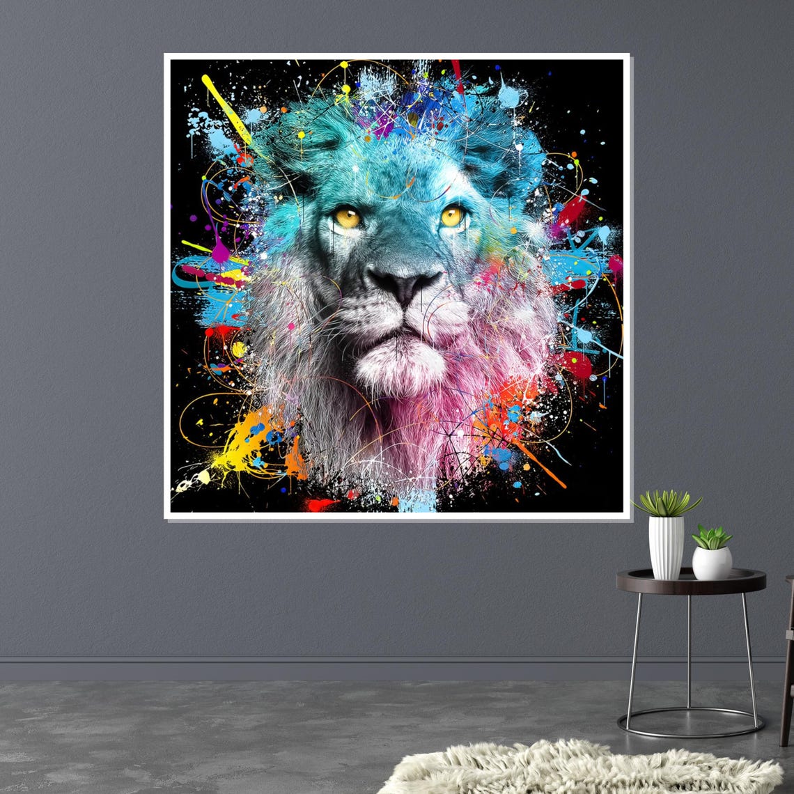 Blue Lion Paint Splash Pop Art Multicolor Animal Portrait Poster - Image 3