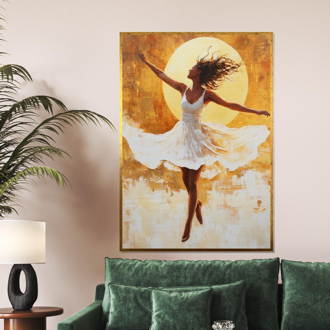 Woman White Dress Dancing Before Radiant Golden Sun Art Poster