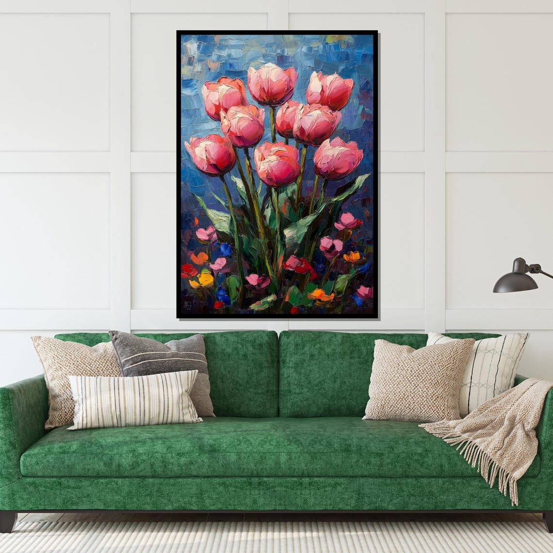 Pink Tulips Blue Background Vibrant Oil Painting Floral Art Poster - Image 5