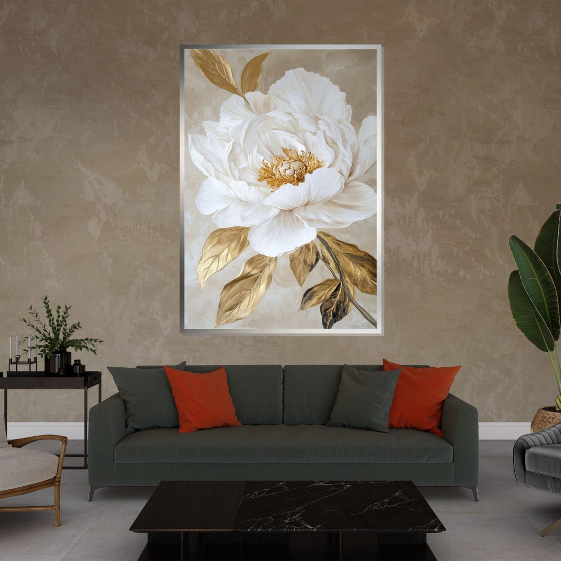 White Peony Golden Leaves Cream Background Classic Elegant Art Poster - Image 4