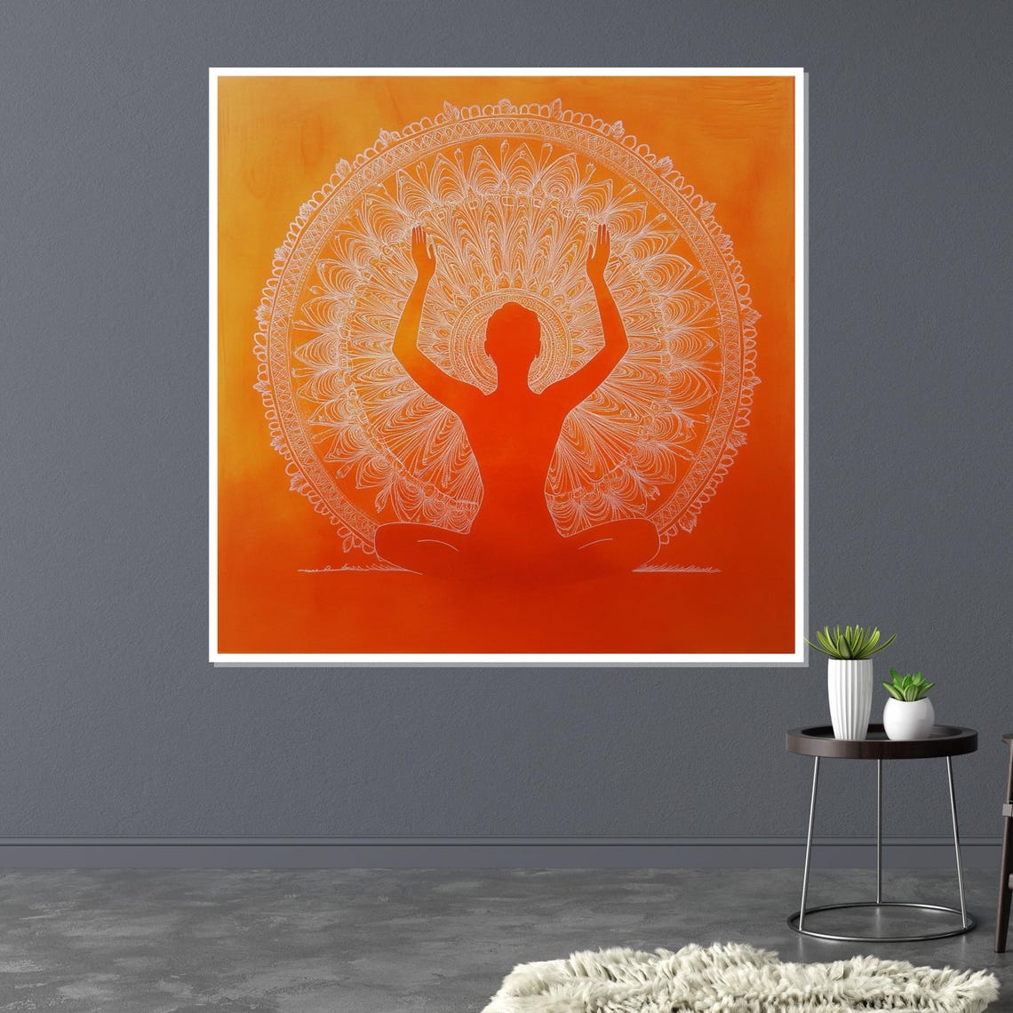 Orange Meditation Silhouette White Mandala Modern Yoga Art Poster - Image 3