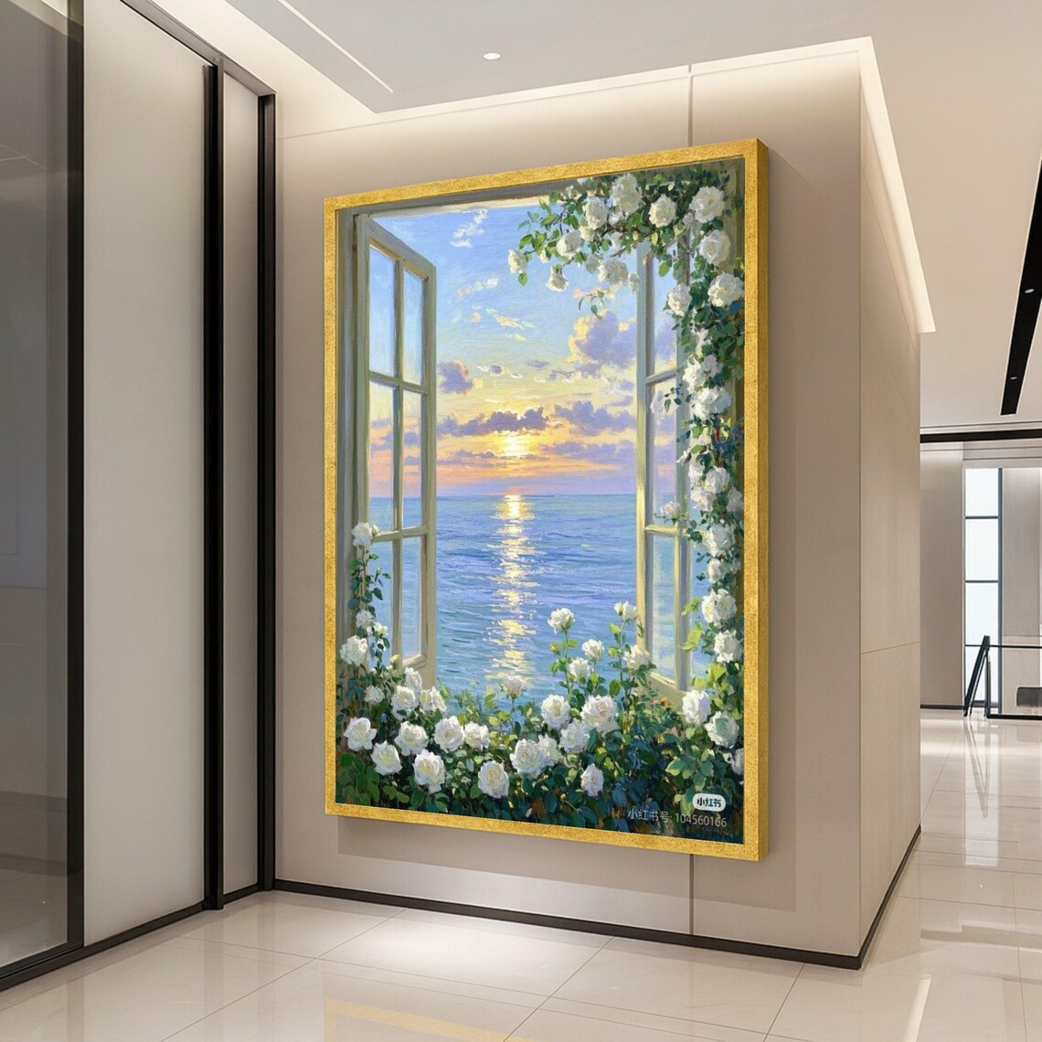 Ocean Sunset Window View Art Print, Coastal Romance