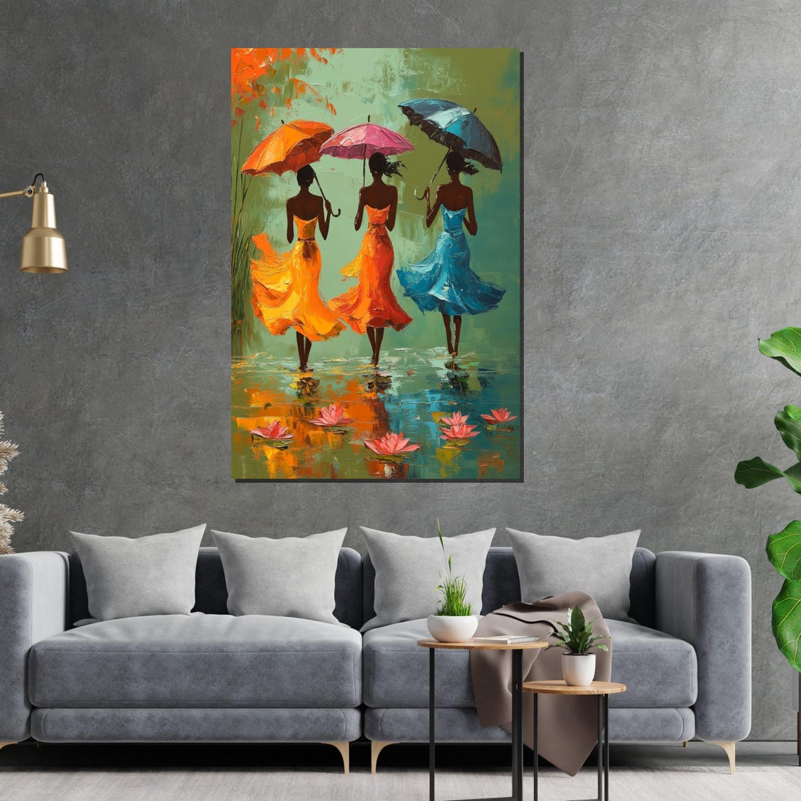 Three Women Colorful Umbrellas Lotus Water Strolling Rain Art Poster - Image 2