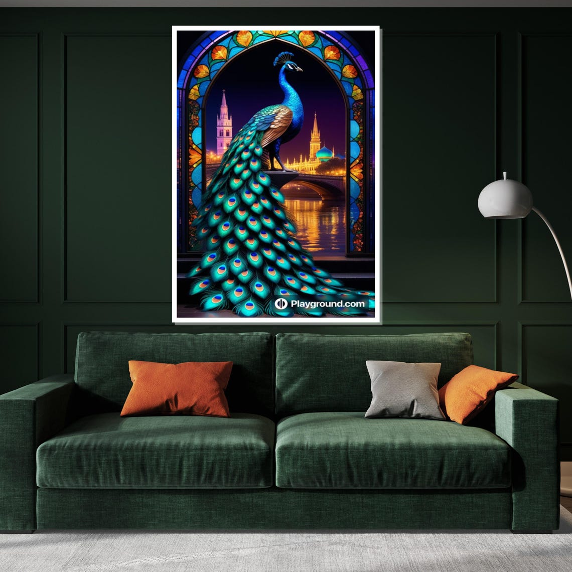 Peacock in Stained Glass Arch Night City Lights Bird Decor Poster - Image 3