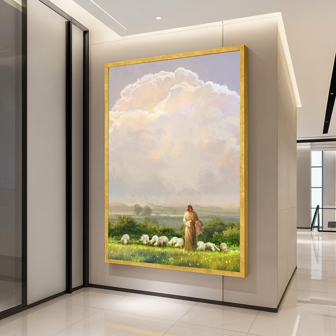 Jesus Shepherd With Sheep Pasture Painting Peaceful Christian Print